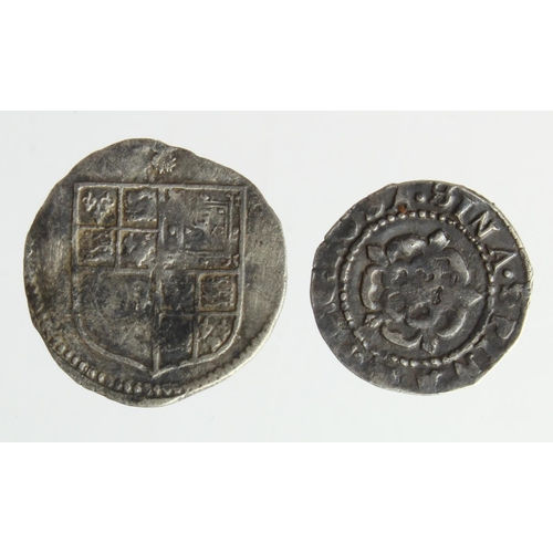 596 - James I silver minors (2): Penny, rose / thistle without crowns, mm. Coronet, S.2661, 0.47g, VF; alo... 