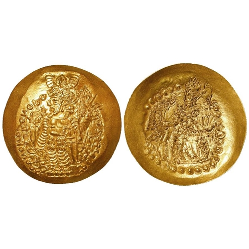 600 - Kushano-Sasanians, Bahram I c.325-350 AD, scyphate gold Dinar, 7.00g. Bahram / Baxlo (Balkh). ANS Ku... 