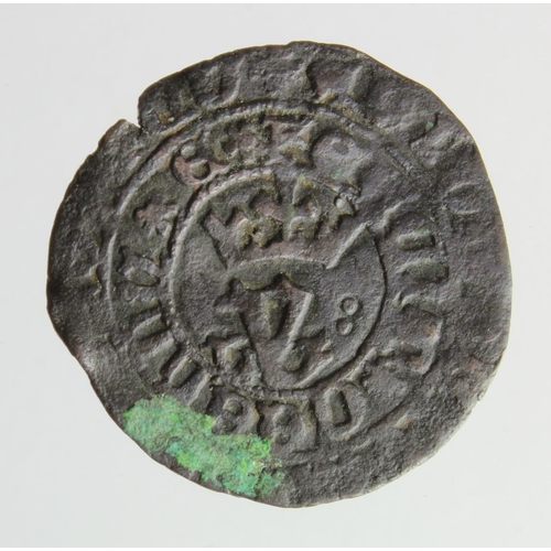 609 - Portugal, medieval hammered billon Real Branco, probably Joao I, 2.32g, off-centre GF, some verdigri... 