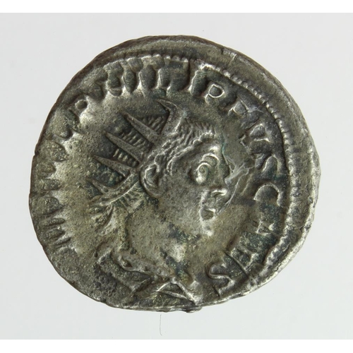 644 - Roman Imperial: Philip II AR antoninianus, Philip standing with orb l., 3.78g, toned VF