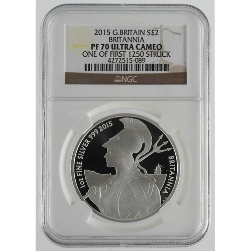 65 - Britannia silver proof 1oz 2015, slabbed NGC PF 70 Ultra Cameo 'one of first 1250 struck'.