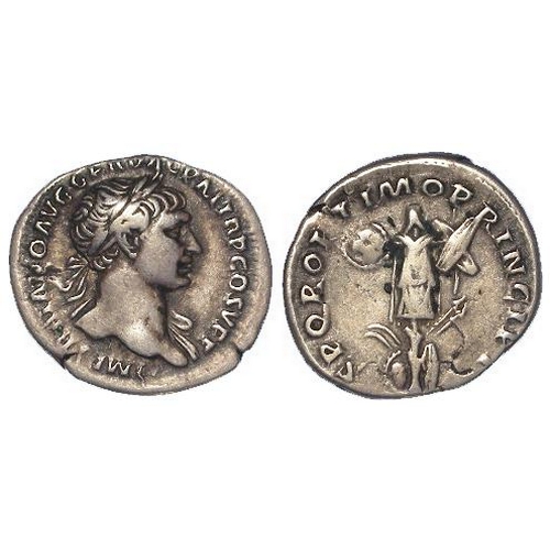 653 - Roman Imperial: Trajan AR denarius, Rome, trophy of arms type; 3.34g, VF