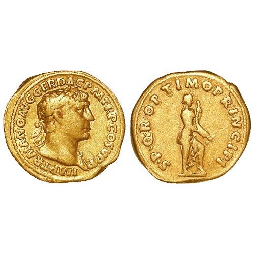 655 - Roman Imperial: Trajan gold aureus, Rome 103-111 AD, 7.09g. IMP TRAIANO AVG GER DAC P M TR P COS V P... 