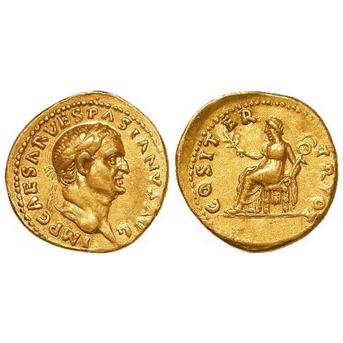 657 - Roman Imperial: Vespasian gold aureus, Spanish Mint (Tarraco?), January-June AD 70. Pax seated l. re... 