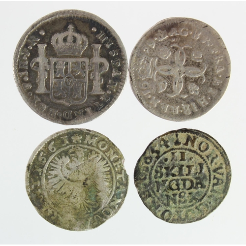 695 - GB & World 17th-18thC minors (4): Charles II Maundy Fourpence 1679 VG/F; Spanish Bolivia 1 Real 1780... 