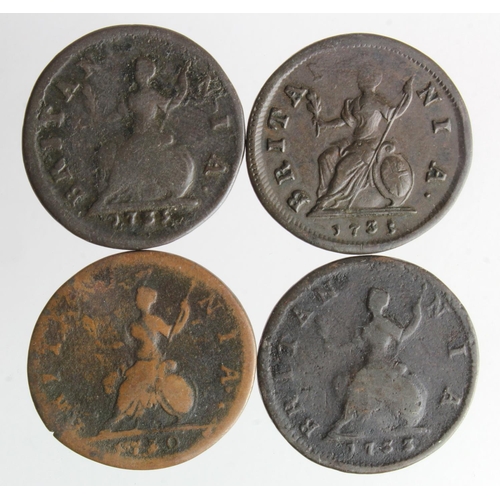 739 - GB Farthings (4) George II varieties: 1730 Fair, 1735 possibly no stop after REX, Fair; 1735 extra s... 