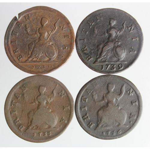 740 - GB Farthings (4) George II varieties: 1730 split or cut 7 o'clock, GF; 1733 last 3 over 3 further le... 