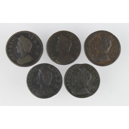 741 - GB Farthings (5) George II varieties: 1733/0 see GIIF33A-332, VG; 1736 low wide date, Fair/VG; 1739/... 