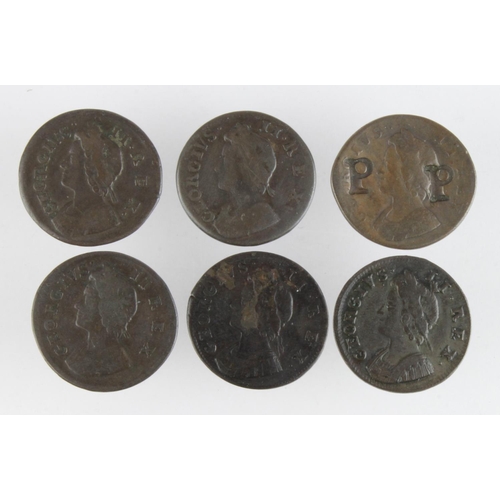 742 - GB Farthings (6) George II varieties: 1730 VG countermarked P P obv.; 1733 long ribbon and triple-en... 