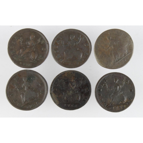 742 - GB Farthings (6) George II varieties: 1730 VG countermarked P P obv.; 1733 long ribbon and triple-en... 