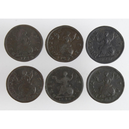 743 - GB Farthings (6) George II varieties: 1736 Fair; 1736 wide date high, Fair; 1736 wide date, 6 possib... 