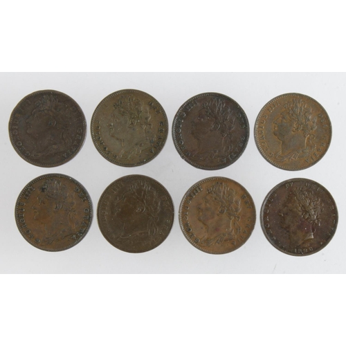 746 - GB Farthings (8) George IV varieties: 1822 raised ribs GF; 1822 D/D, G4F22-1, VF; 1823 roman 1, nF; ... 