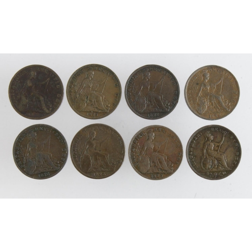 746 - GB Farthings (8) George IV varieties: 1822 raised ribs GF; 1822 D/D, G4F22-1, VF; 1823 roman 1, nF; ... 