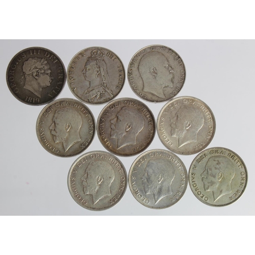 754 - GB Halfcrowns (9): 1819 nF, 1890 VF, 1907 Fine edge nick, 1911 Fine, 1913 VF, 1914 GVF, 1919 aVF, 19... 