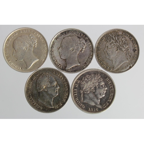 799 - GB Shillings (5): 1816 GVF, 1824 VF, 1834 VF, 1853 (counterfeit) aVF, and 1856 GVF