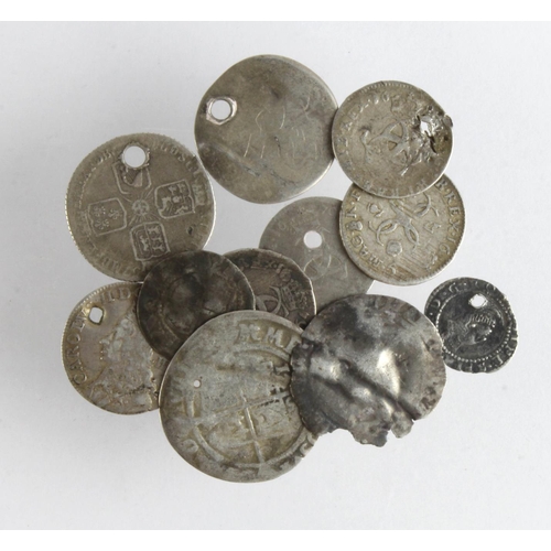 805 - GB Silver (11) early milled or hammered assortment, most holed.