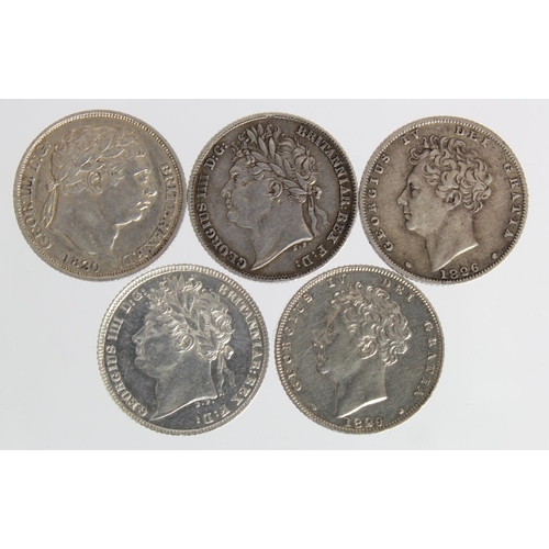 819 - GB Sixpences (5): 1820 VF, 1821 cleaned nEF scratch, 1824 nVF, 1826 lion nVF, and 1829 cleaned GVF