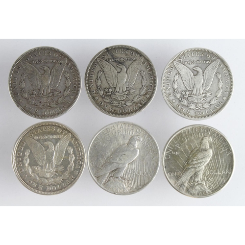 846 - USA Silver Dollars (6) Morgan and Peace, 1885-1925.