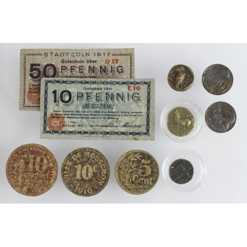 850 - World Coins & Notes (10): 2x German kriegsgeld tokens, 5x notgeld; an Ancient Greek Sicily, Syracuse... 