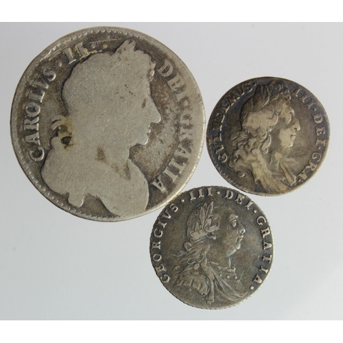 89 - Early Milled Silver (3): Halfcrown 1683 Fair, Sixpence 1696 early harp, large crowns, F/GF, and Sixp... 