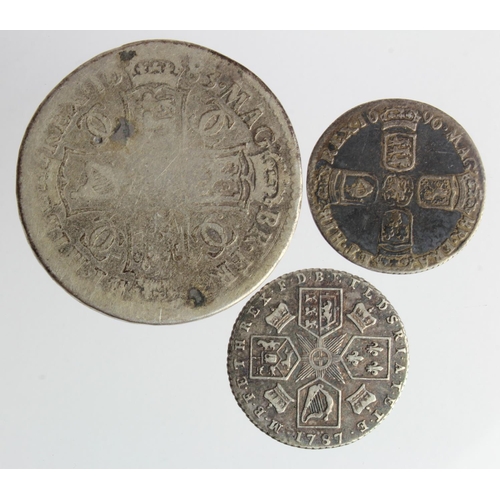 89 - Early Milled Silver (3): Halfcrown 1683 Fair, Sixpence 1696 early harp, large crowns, F/GF, and Sixp... 