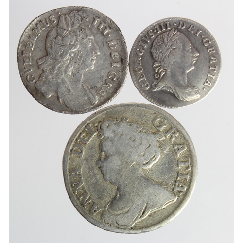 90 - Early milled silver (3): Shilling 1711 Fair, Sixpence 1696 scuffed GF, and Maundy Threepence 1762 sl... 