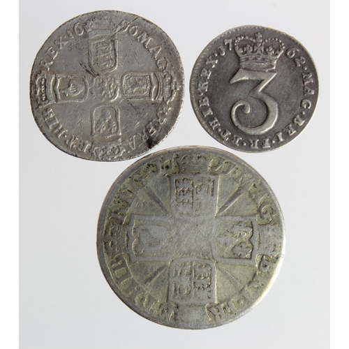 90 - Early milled silver (3): Shilling 1711 Fair, Sixpence 1696 scuffed GF, and Maundy Threepence 1762 sl... 