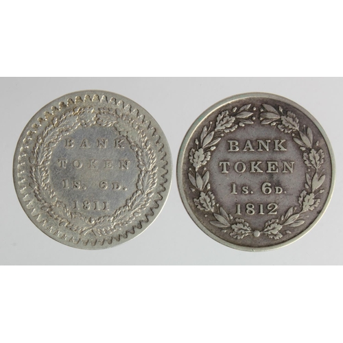 91 - Eighteenpence Bank Tokens (2): 1811 VF, and 1812 large head, nVF, graffiti obv.