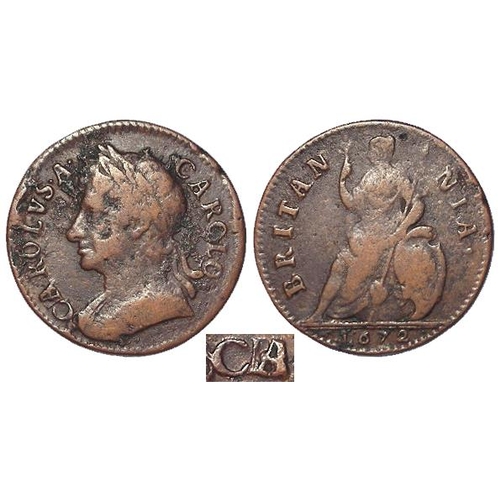 94 - Farthing 1672 A over B in CAROLVS, unlisted in Peck; Cooke 756, extremely rare, nF, some corrosion o... 