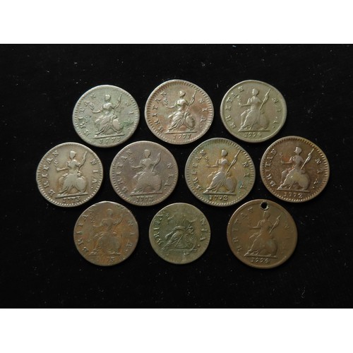 744 - GB Farthings (10) George III varieties: 1771 rev. B, VF; 1772 rev. C, GF, some corrosion; 1773 no st... 