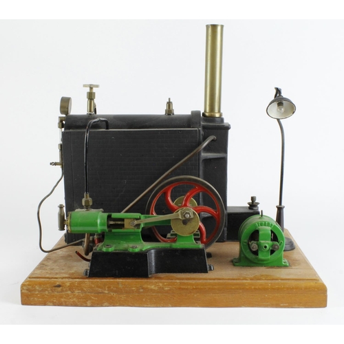 107 - Stuart live steam stationary engine on an oak base, with boiler and lamp, total height 39cm, length ... 