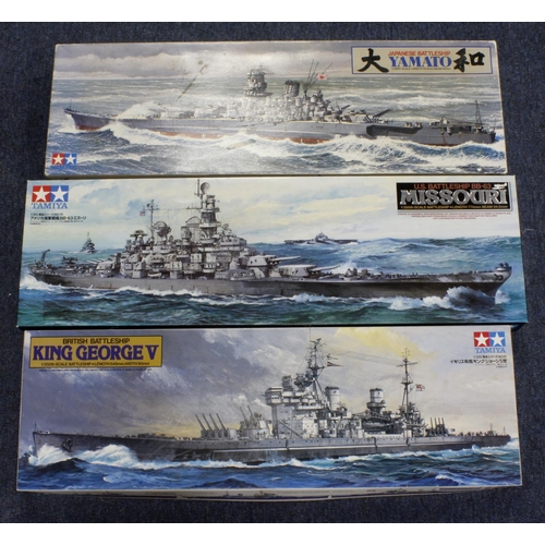 110 - Tamiya. Three boxed model kits by Tamiya, comprising US Battleship BB-63 Missouri (1:350); British B... 