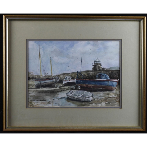 245 - Fishing Boats anchored in harbour at low tide by Michael Smith. Signed and dated 1989. Framed and gl... 