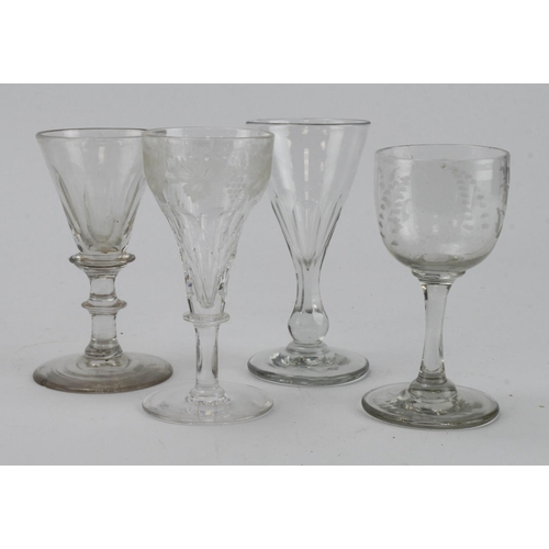 274 - Collection of three Victorian slice cut glasses and an etched liqueur glass with raised hump in base... 