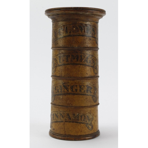 308 - A late 19th century treen spice tower.Tthe four sections labelled 'Cinnamon', 'Ginger', 'Nutmeg' and... 