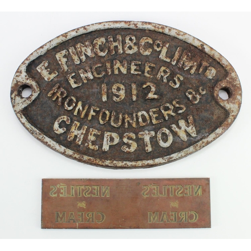 319 - Cast iron makers plate / plaque 'E. Finch & Co Limtd, Engineers, Ironfounders, Chepstow, 1912', 30cm... 