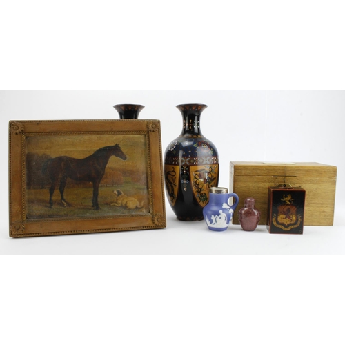 320 - Collectables. A group of various items, including a framed oil on canvas depicting a horse & dog (im... 