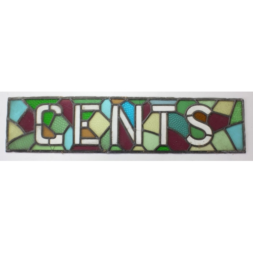 332 - Lead and stained glass 'Gents' sign, 97cm x 23cm approx. (buyer collects)