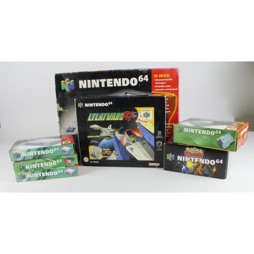 79 - Nintendo 64. A group of five boxed N64 items comprising Nintendo 64 console (complete); Lylat Wars (... 