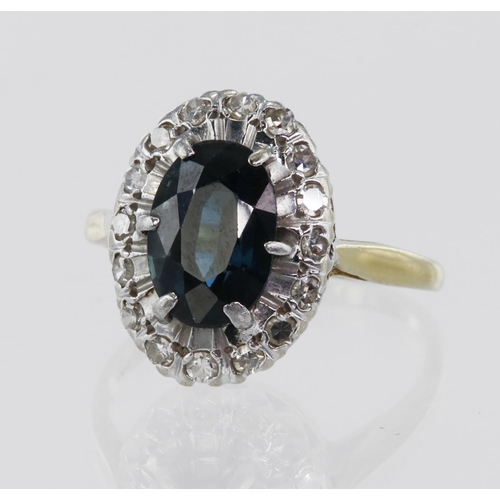 107 - 18ct yellow gold vintage diamond and sapphire cluster ring, oval mixed cut teal sapphire weight appr... 