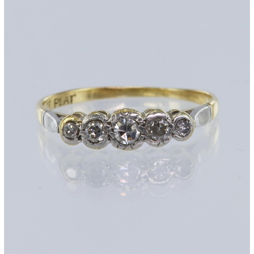 110 - Yellow gold (tests 18ct) diamond five stone ring, set with graduating single cut diamonds, total wei... 