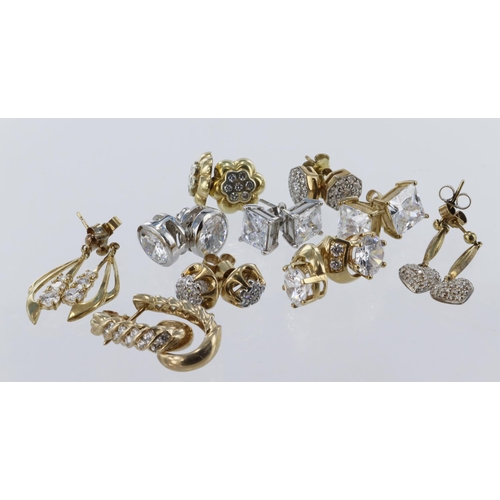 123 - Assortment of ten pairs of 9ct gold/tests 9ct earrings, to include nine pairs of CZ set studs. One p... 