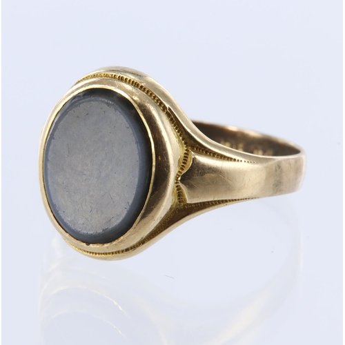 14 - Yellow gold (tests 9ct) signet ring, set with one oval sardonyx measuring 12mm x 10mm, finger size T... 