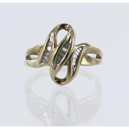 15 - Yellow gold (tests 9ct) diamond set abstract dress ring, nineteen baguette and tapered cut diamonds,... 