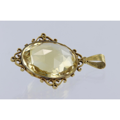 192 - Yellow metal (tests 14ct) citrine pendant, oval rose cut citrine approx weight 89ct, bezel setting, ... 