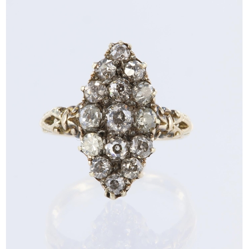 21 - Yellow gold (tests 18ct) antique Victorian diamond navette cluster ring, set with fifteen graduating... 