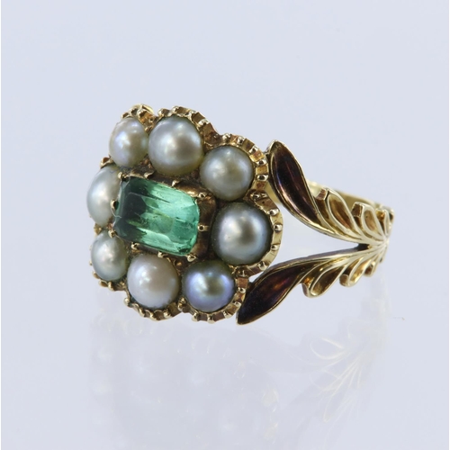 23 - Yellow gold (tests 15ct) Georgian emerald and pearl mourning ring, one rectangular cut emerald measu... 