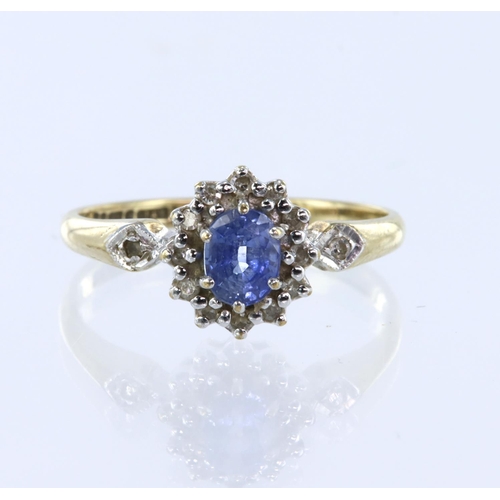 28 - 9ct yellow gold diamond and sapphire cluster ring, one oval mix cut sapphire measuring 5mm x 4mm, su... 