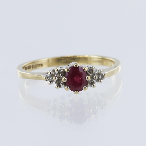 33 - 9ct yellow gold ruby and diamond ring, one oval mix cut ruby measuring 5mm x 4mm, diamond set trefoi... 