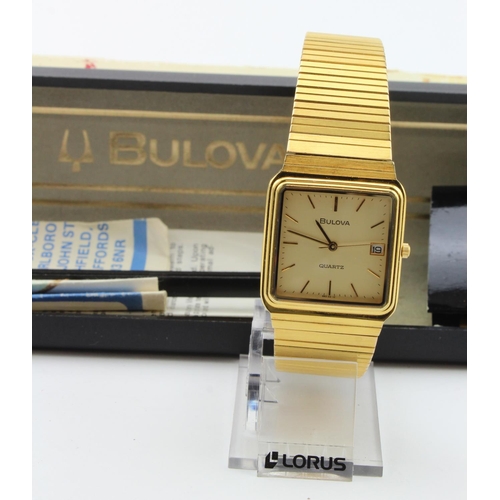 332 - Gents gold plated Bulova quartz wristwatch. The 28mm square cream dial with gilt baton markers and d... 